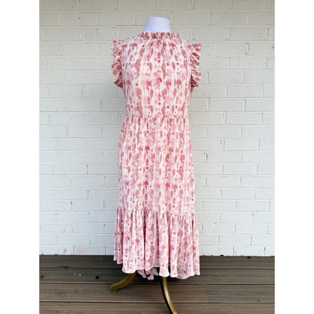 Karlie Blush Animal Print Tiered Ruffle Maxi Dress Flutter Sleeve Size L